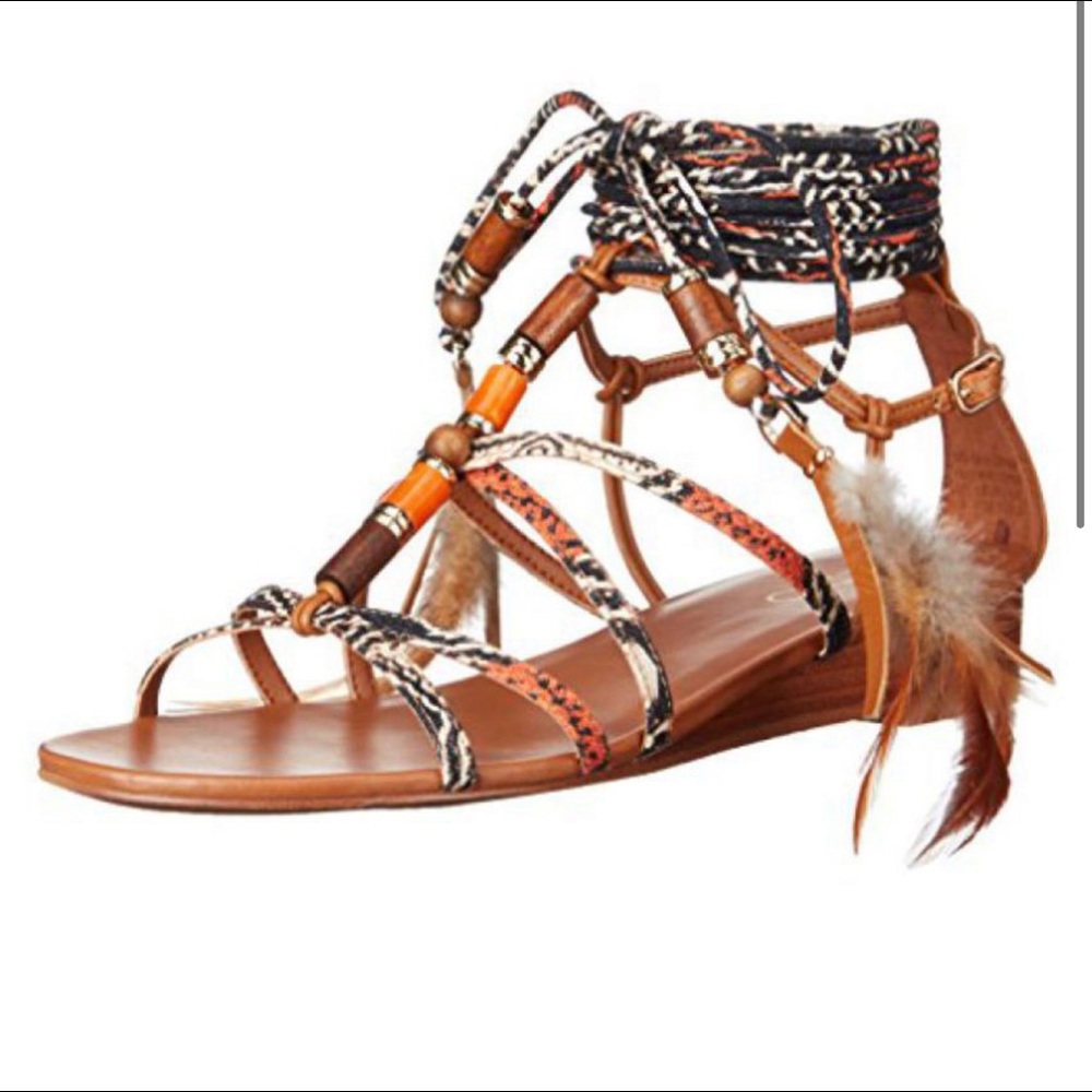 ALDO NINNA brown tie up feather Cross Strap Knee High Woman sandal